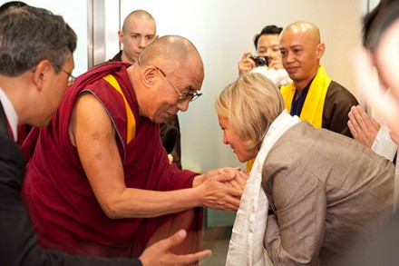 His Holiness the Dalai Lama welcomed by representatives of the organzing committee at the Frankfurt Airport on 29 July 2009/Photos: The Tibet Bureau, Geneva