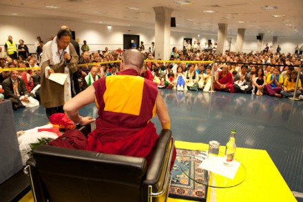 His Holiness the Dalai Lama addressing a gathering of around 450 Tibetans and 50 German volunteers of Tibet Support Groups in Frankfurt,Germany, on 1 August 2009