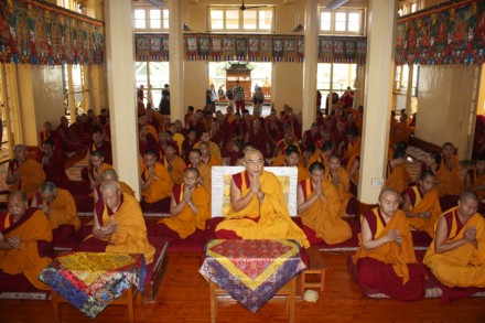 The monks of Namgyal monastery lead a prayer gathering at Tsulagkhang this morning to pray for the people affected by Typhoon Morakot in Taiwan. The prayer sesion was organised by the department of religion and culture of the Central Tibetan Administration in Dharamsala, India/Photo: Sangay Kyap