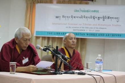 Kalon Tripa Prof Samdhong Rinpoche (L) speaks while Geshe Lhakdor (R) director, Library of Tibetan works and Archives, look on during the inaugural day of the international conference on Tibetan and Himalayan studies, in Dharamsala, India, on 3 September 2009