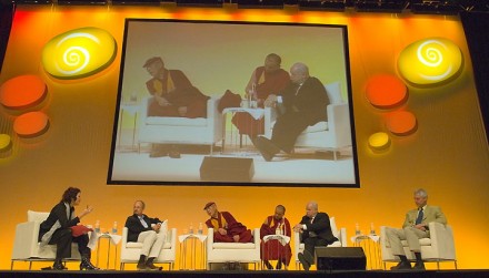 His Holiness the Dalai Lama (3rd from left) at the Mind and its Potential conference in Sydney, Australia,  on 3 Dec. 2009/Photographs courtesy of Rusty Stewart