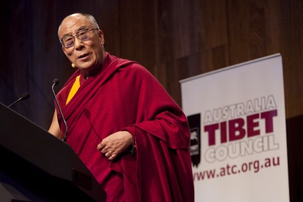 His Holiness the Dalai Lama addresses a large Australian and international audience on the 20th anniversary of his Nobel Peace Prize, in Melbourne on 10 December 2009/ photograph by Rusty Stewart