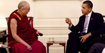 President Barack Obama meets with His Holiness the Dalai Lama in the Map Room of the White House on 18 February 2010. (Official White House Photo by Pete Souza)