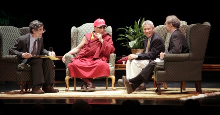 UW-Madison neuroscientist Richard Davidson (left), His Holiness the Dalai Lama, moderator Daniel Goleman and interpreter Geshe Thupten Jinpa discuss the role science can play in aiding the mind. The talk marked the public opening of the UW Center for Investigating Healthy Minds/Photo: Journal Sentinel