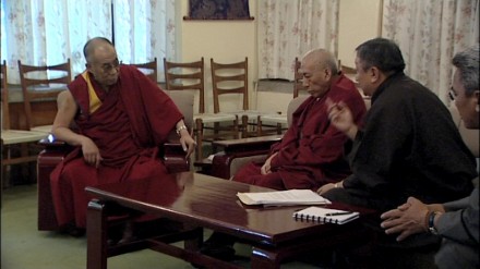 A still from Joshua Dugdale's film "The Unwinking Gaze' showing His Holiness the Dalai Lama (L) meeting with Kalon Tripa Prof Samdhong Rinpoche and two envoys in Dharamsala