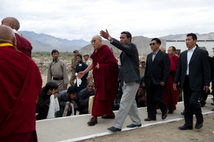 His Holiness the Dalai Lama visits the flood-ravaged Choglamsar area of Ladakh, on 13 September 2010