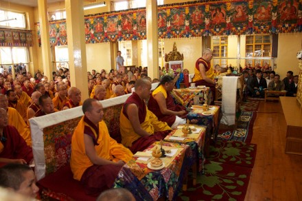 His Holiness the Dalai Lama presides over a special prayer service at the main temple in Dharamsala, India,