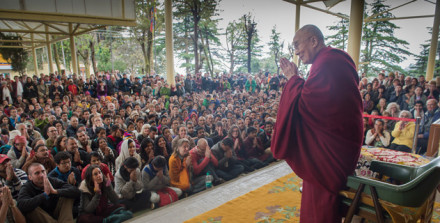 His Holiness the Dalai Lama greeting foreign and domestic tourists in Dharamshala, 30 March 2015.